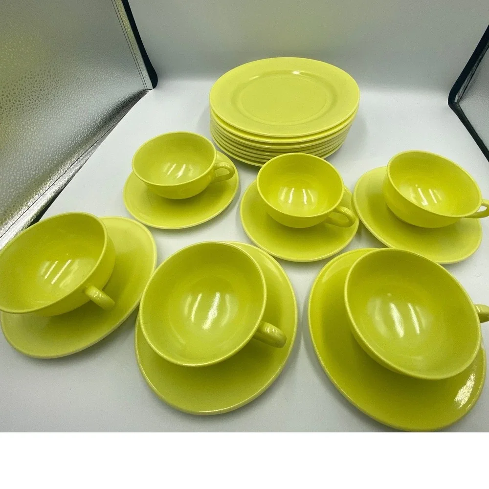 Hazel Atlas Ovide Platonite Neon Yellow Tea Cup + Saucer Set w‎ Plates Set of 6